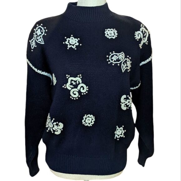 LE MODA Hand embroidered blue knit sweater with pearl details size Large - Picture 1 of 7